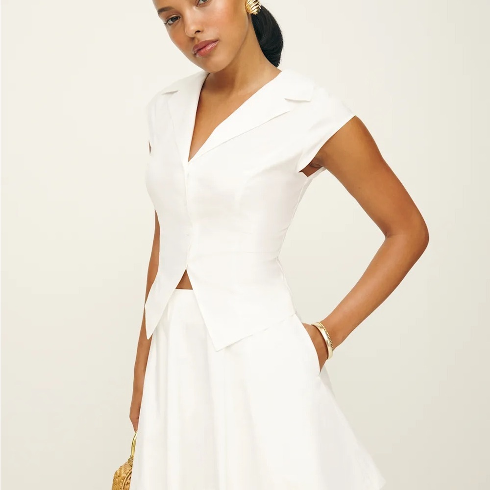 Reformation Chrissy Set - Elegant White Button Up and Skirt Set